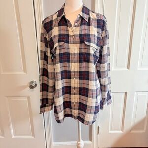 Equipment Femme Women Medium Button Up Shirt Red White Blue Plaid 100% Silk